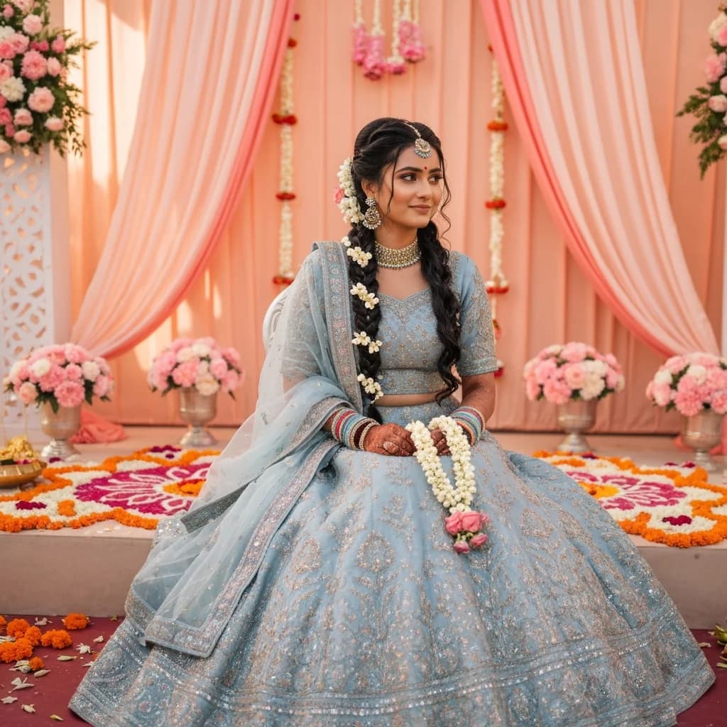 Bride in an embroidered lehenga illustrating destination wedding wardrobe planning