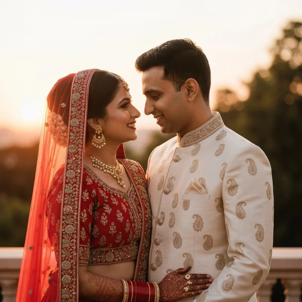 Indian wedding couple in coordinated red and cream wedding attire