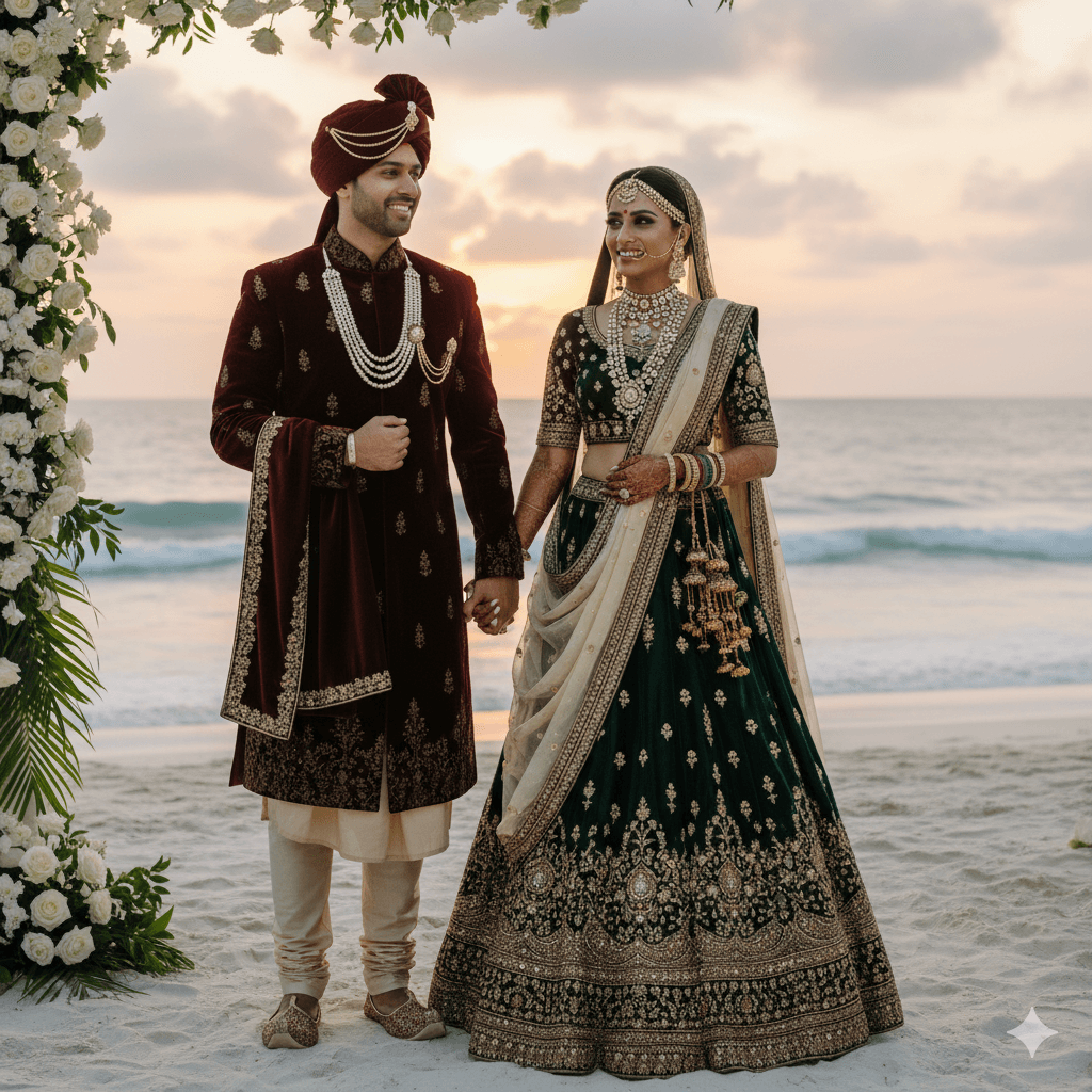 Romantic beach sunset wedding photo of Indian couple
