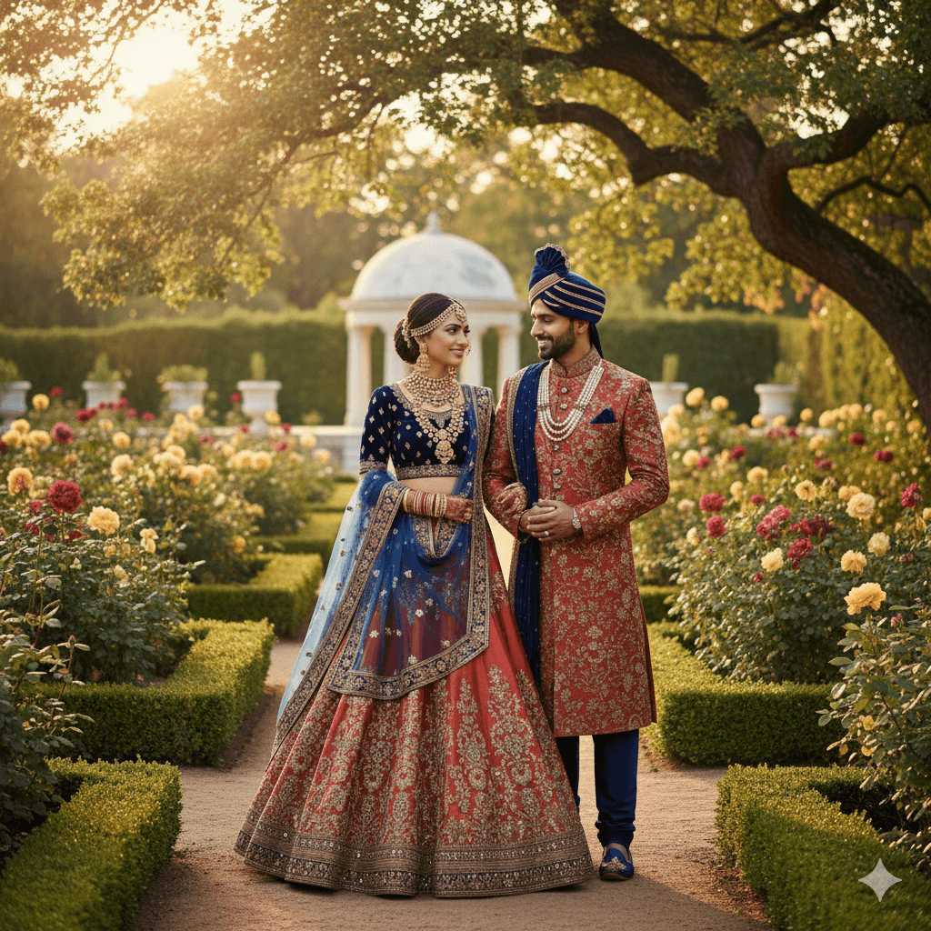 Indian-American couple in traditional wedding attire at garden ceremony