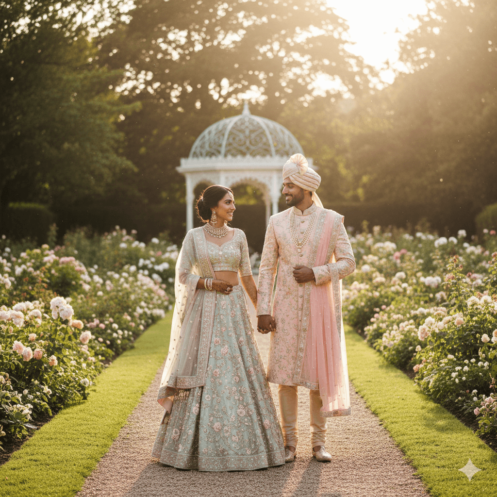 Couple portrait in rose garden wearing pastel wedding outfits