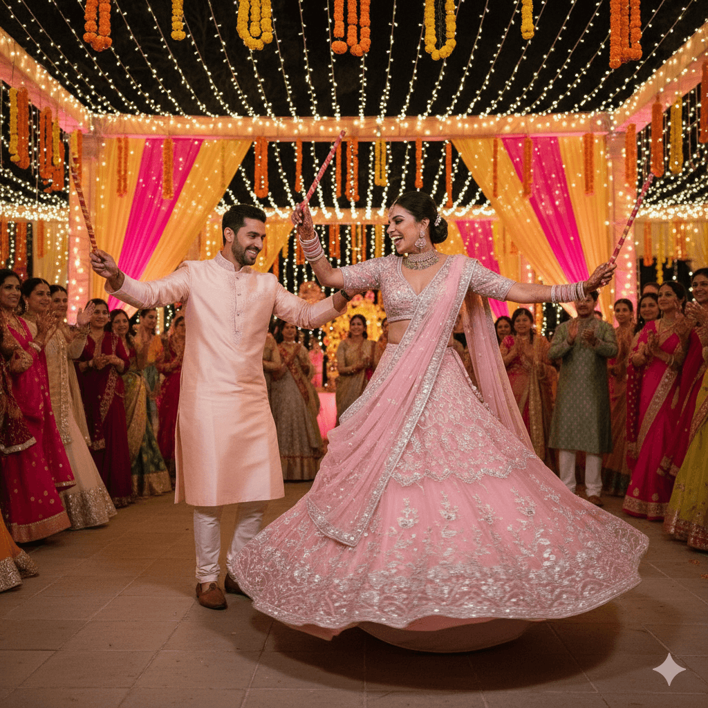 Couple dancing at sangeet night celebration with family