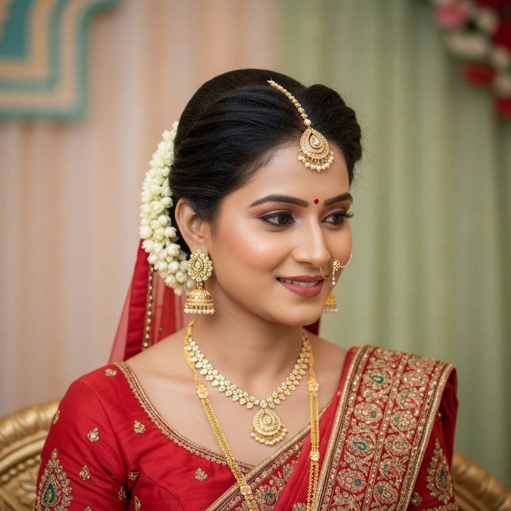 Indian bride in traditional red lehenga with gold jewelry