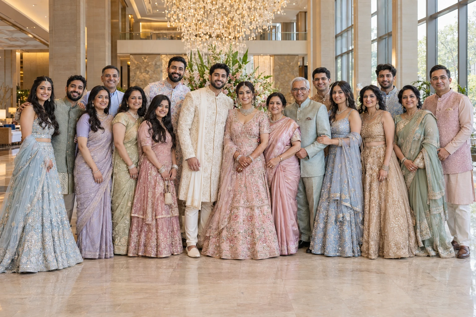 AI-generated Indian wedding party wearing coordinated blush, sage, lavender and powder blue outfits in a hotel lobby