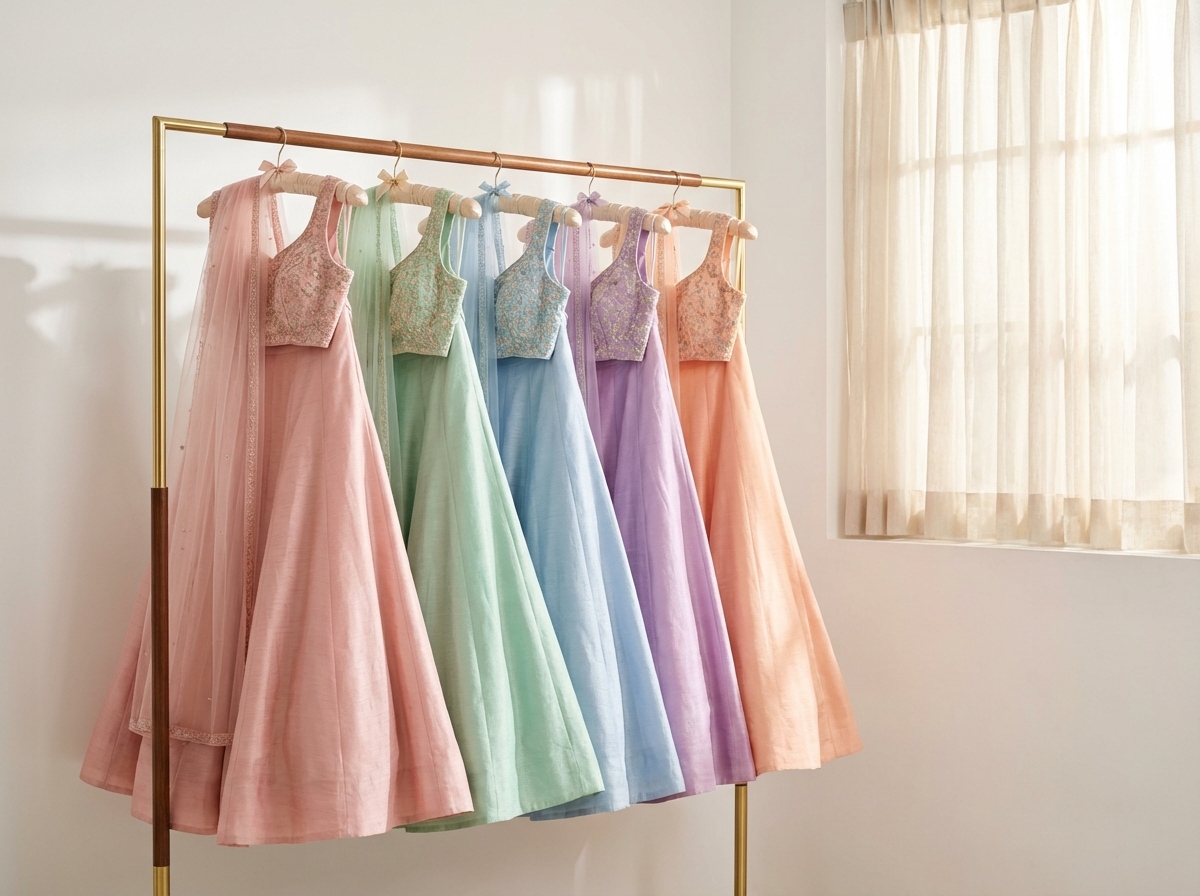 Pastel bridesmaid lehengas on rack