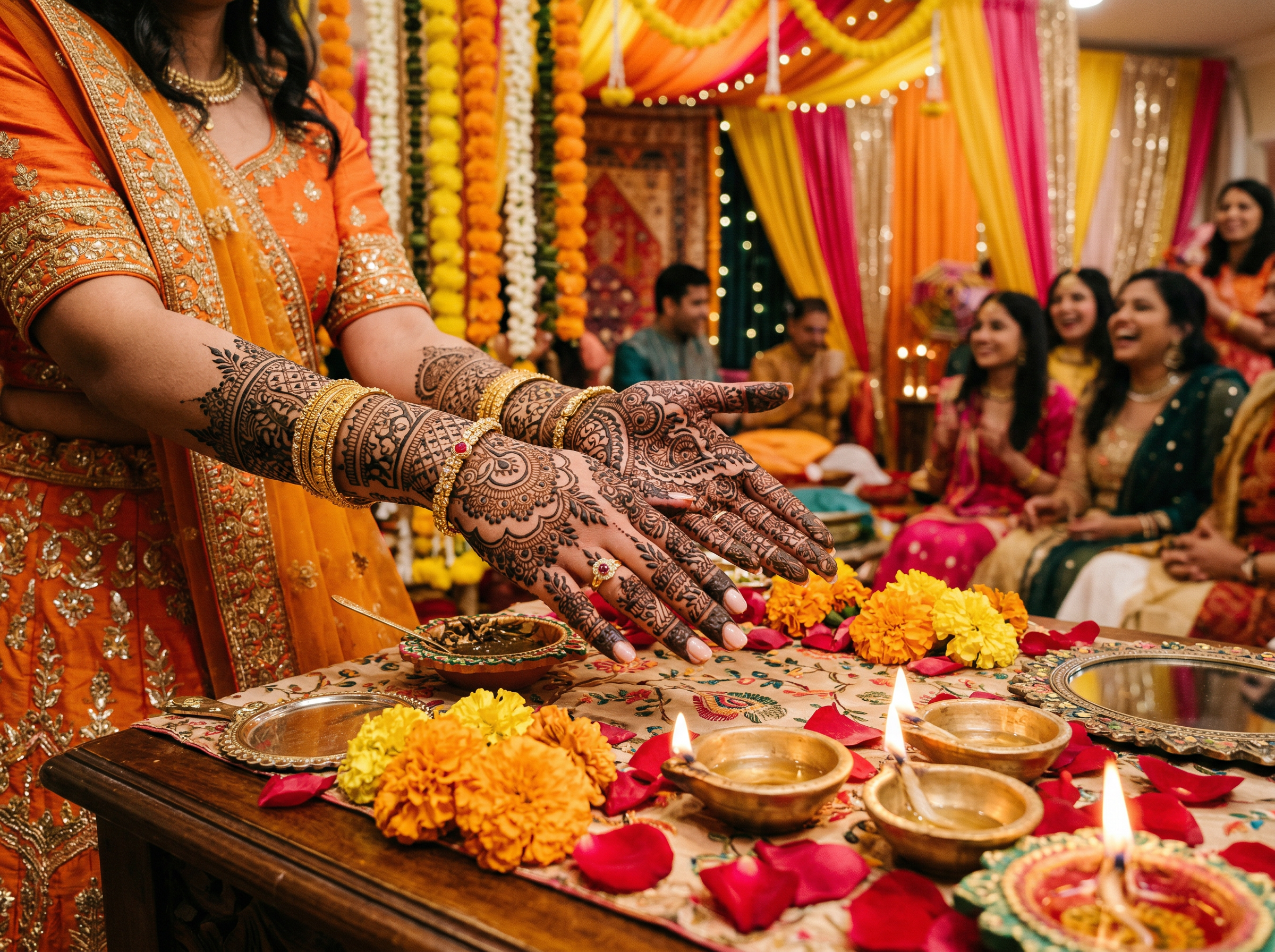 Mehndi ceremony with marigolds and brass diyas