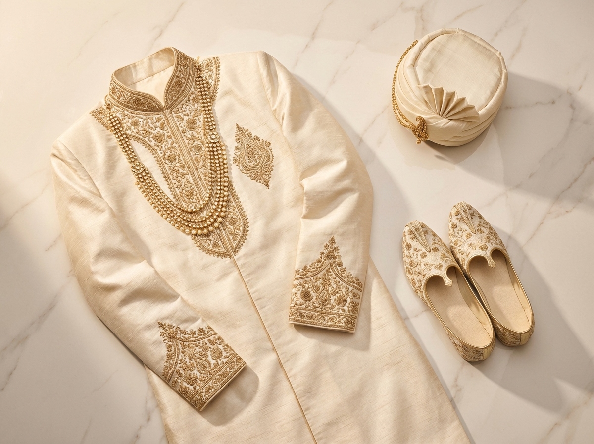 Full length ivory and gold sherwani