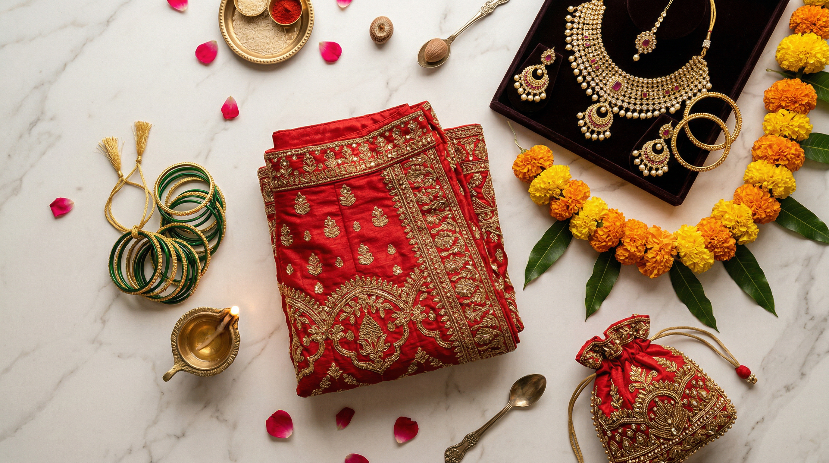 Indian wedding flat lay with lehenga, jewelry, marigolds and brass diya on marble